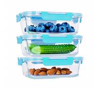 GARUET Glass Lunch Boxes with Lids - Set of 3 Rectangular 1040ml Containers - Airtight, Leak-proof, Microwave and Dishwasher Safe - Great for Snacks, Sauces and Lunch Boxes (Teal Blue)