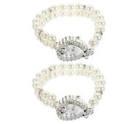 GARVALON 2pcs Heart Shaped Crystal Bracelet Watch for Women Elegant Bling Analog Quartz Wrist Watch Double Row Imitation Pearl Strap Fashion Jewelry for Parties and Special Occasions