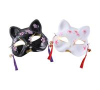 GARVALON 2pcs Japanese Style Hand-painted White Sakura Cat and Black Sakura Cat Masks Halloween Cosplay Face Pieces Masquerade Party Accessories for Adults and Teens