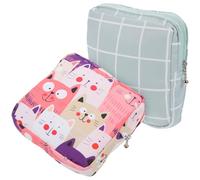 GARVALON 2Pcs Pure Cotton Sanitary Napkin Storage Bags with Zipper, Small Menstrual Pad Pouches for Travel and Daily Use, Portable Period Pouches in Blue Plaid and Pink Cat Pattern
