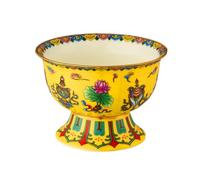 GARVALON Enamel Painted Ceramic Temple Sacrificing Bowl 3.5-Inch Yellow Eight Auspicious Symbols High Footed Buddhist Offering Bowl for Pooja and Home Decor