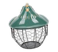 GARVALON Portable Ceramic Iron Egg Storage Basket with Lid Unique Hen-shaped Kitchen Organizer Green Gold-line Design with Black Mesh Practical Non-slip Household Food Holder for Egg
