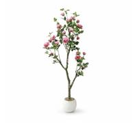 Garvee 15CM Artificial Rose Tree, Faux Blooming Rose Plant with White Striped Oval Pot, Silk & Plastic Construction, Fake Potted Floral Plants for Home Office Decor, Dark Pink, 1Pcs