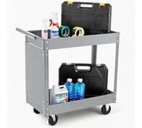 Garvee 2-Tier Rolling Tool Cart, Utility Service Cart with Pegboards, 4 Hooks, Towel Rack Handle & 4 Wheels, 150kg Capacity Heavy Duty Steel Tool Trolley for Office Garage Warehouse Workshop - Grey