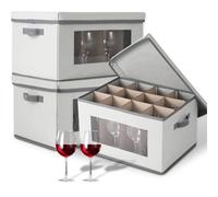Garvee 3 Pack Wine Glass Storage Boxes with Dividers, 12-Compartment Stemware Organizers with Lid, Handle & Clear Window, China Storage Containers for Glassware, Wine Glasses, Drinkware, Grey