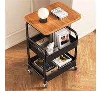 Garvee 3-Tier Rolling Side Table with Wooden Top, Mobile End Table with 2 Storage Baskets and Lockable Wheels, Sturdy Metal Frame Nightstand Snack Cart for Living Room Bedroom Office, Black