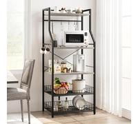Garvee 5-Tier Kitchen Bakers Rack with Microwave Stand - Includes 2 Large Wire Baskets, 8 Hooks, and Industrial Coffee Bar Storage Shelves - Perfect for Kitchen or Dining - Color: Black+Gray