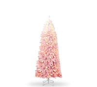 Garvee 6ft Pencil Christmas Tree Gradient Snow Flocked,Slim Artificial Xmas Tree with 260 Warm & RGB Lights,Elegant Frosted Holiday Decoration for Home,Office & Living Room,Pink & White