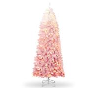 Garvee 7.5ft Pencil Christmas Tree Gradient Snow Flocked, Slim Artificial Xmas Tree with 360 Warm & RGB Lights,Elegant Frosted Holiday Decoration for Home, Office & Living Room, Pink & White
