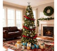 Garvee 7.5ft Prelit Slim Pencil Christmas Tree with 360 Dual-Colour LED Lights,Realistic PVC Branches & Auto-Spread Tips,Artificial Xmas Tree with Metal Stand for Home,Office,Hallway & Shop Décor