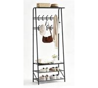 Garvee 70.8" H Industrial Shoe and Coat Rack with Double-Row Hooks, Black | 60"W Freestanding Entryway Coat Rack Stand with Bench & Shoe Storage, Metal Frame, Clothes Rail