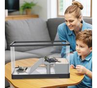 Garvee Acrylic Turtle Aquarium Kit - 40 x 22 x 23 cm Clear Tank - Basking Platform, Ramp, LED Light, Aquatic Plants - Easy Maintenance - Ideal for Small Reptile Pets - Color: 400 Classic Black