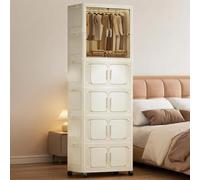 Garvee Collapsible Rolling Wardrobe Storage Cabinet - Magnetic Doors, Hanging Rail + 4 Lidded Collapsible Storage Boxes, Easy Assembly, 65×35×186 cm - 65cm Wide Light Luxury, 1 Layer + 4 Folding Boxes