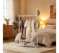 Garvee Freestanding Metal Clothes Rack with Wheels - Rolling Garment Rail - Hooks & Bottom Shoe Shelf - Heavy-Duty Storage Organizer - For Bedroom, Living Room, Office - White