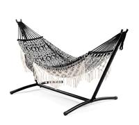 Garvee Hammock with Stand 200x150cm, 204kg Capacity Bohemian Double Cotton Hammock Includes Carry Bag, Easy Assembly, Hammocks Hanging Chair for Indoor Outdoor Patio Porch Garden Backyard - Black