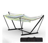 Garvee Hammock with Stand, Garden Hammocks with Stable Metal Stand, Detachable Pillow 7 Storage Bag, 200kg Weight Capacity Hanging Chair with Quilted & Net Design for Indoor, Outdoor Patio Pool - A