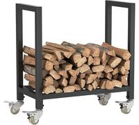 Garvee Highly resistant metal wooden heating shelf with rollers - Robust steel construction - For indoor and outdoor - Maximum load: 90 kg - 65 x 30 x 68 cm - Black