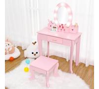 Garvee Kids Vanity Set, Pretend Play Girls Vanity Table and Chair Set with Lighted Mirror, Stool, and Wood Makeup Playset, Pink
