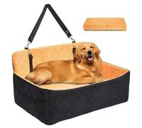 Garvee Large Dog Car Seat, 80 x 50 cm Memory Foam Dog Bed with 2 Safety Leashes, Detachable Washable Cover & Storage Pockets, Pet Booster Seat Travel Bed for Medium/Large Dogs 25kg/55lbs - Black Yello