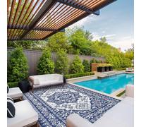 Garvee Outdoor Rug 10x20 Waterproof Outdoor Plastic Straw Rug for Camping with Carry Bag, Reversible Easy Cleaning Portable Border Floor Mat Outside Carpet for RV Patio Backyard Picnic, Navy & White