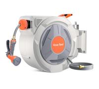 Garvee Retractable Garden Hose Reel 5/8" x 65ft - Wall Mounted - Heavy Duty UV Resistant - Automatic Rewind & Slow Return - 9-Function Sprayer Nozzle - 180° Swivel Bracket - Any-Length Lock - Durable