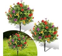 Garvee Set of 2 Artificial Boxwood Topiary Ball Trees with Mixed Flowers - 60cm UV Resistant Faux Shrubs, Realistic Fake Plants for Outdoor Garden, Front Porch, Home Décor, Mixed Color