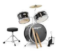GarveeHome 3-Piece Junior Drum Set for Kids Ages 4-12, Beginner Kit, Black | with Stool Sticks, Wood shell, kick, dual toms, crash cymbal, foot pedal, adjustable throne, metal stands,home music practice