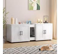 GarveeHome 55" Double Cat Litter Box Enclosure for 2 Cats - Multi-Functional Wooden Cat Cabinet - 3-in-1 Hidden Litter Box Furniture with Barn Door, TV Stand & Storage - Easy-Clean Waterproof Surface