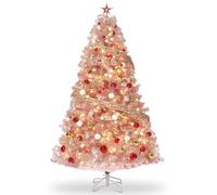 GarveeHome 6 ft Prelit Artificial Christmas Tree with 250 Warm White Lights, Pre-Lit Snow Flocked Pencil Christmas Tree, Foldable Base,Holiday Decoration for Home, Office, Party,Rose Gold Tinsel