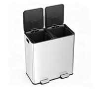 GarveeHome 60L/16 Gallon Stainless Steel Dual Kitchen Trash Can - 2-Compartment Step Pedal Recycling Bin, Soft-Close Odor Control Lids, 2 Removable Buckets, Silver