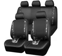 GarveeHome 9-Piece PU Leather Patchwork Car Seat Covers with Black, White, and Clear Rhinestones - Front and Rear Universal Fit, Compatible with VW Caddy, Ford Focus, Audi A3, Mini Cooper, and More