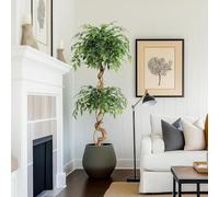 GarveeHome Artificial Ficus Tree with Curved Trunk, 150 cm Artificial Silk Plant with White Pot, Artificial Plants for Decoration of Interiors, Offices and Living Rooms