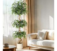 GarveeHome Artificial Ficus Tree with Curved Trunk, 180 cm Artificial Silk Plant with White Pot, Artificial Plants for Decoration of Interiors, Offices and Living Rooms