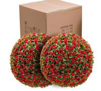 GarveeHome Artificial Topiary Balls Set of 2-55cm Faux Rose Garden Balls with Red Flowers, UV Protected Indoor/Outdoor Hanging Ornaments, Pre-Attached Chain (Weatherproof & Zero Maintenance)