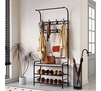 GarveeHome Coat Rack, 180cm Coat Stand, Industrial Freestanding Hall Tree with 8 Hooks & Bench & Shoe Storage, Metal Frame Clothes Rack for Hallway Living Room Bedroom 60 x 30 x 180cm