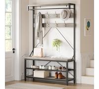 GarveeHome Coat Rack, 183cm Coat Stand, Industrial Freestanding Hall Tree with 8 Hooks & Bench & Shoe Storage, Metal Frame Clothes Rack for Hallway Living Room Bedroom 40 x 101.5 x 183cm, Grey