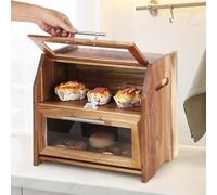 GarveeHome Double Decker Bread Box, Acacia Wood Bread Bin with Clear Acrylic Windows and Air Vents Keeps Fresh, Counter-top Storage Box for Bagels, Rolls, Salt and Pepper Mill 40 x 26 x 37 cm