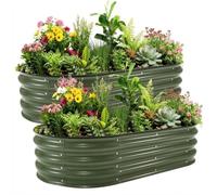 GarveeHome Galvanized Steel Raised Garden Beds - 2 Pack 4x2x1Ft Oval Planter Boxes with Open Base for Flowers, Vegetables, Herbs, Weatherproof, Gift for Gardeners - Green