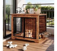 GarveeHome Heavy Duty Wooden Dog Kennel Furniture, Rustic Indoor Crate End Table with 2 Rotating Bowls, Chew-Proof Locking Design, Space-Saving Side Table for Small Medium Dogs (81 cm)