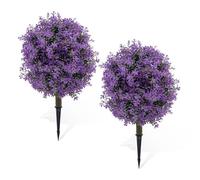 GarveeHome Low Maintenance Artificial Cedar Topiary Ball Trees Set of 2 - 23.6in UV Resistant Weatherproof Faux Evergreen Shrubs with Ground Spike for Front Porch, Garden, Patio, Balcony - Purple