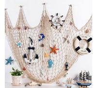 GarveeHome Nautical Fish Net Wall Decor with Shells, Coastal-Style Rope Single Photo Frame, Coastal Ocean Theme, Ideal for Bedroom, Living Room or Seaside Party, 1x2m Decoration, Beige
