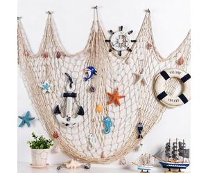 GarveeHome Nautical Fish Net Wall Decor with Shells, Coastal-Style Rope Single Photo Frame, Coastal Ocean Theme, Ideal for Bedroom, Living Room or Seaside Party, 1x2m Decoration, Beige