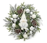 GarveeHome Pre-lit Christmas Wreath for Front Door, 22 in Large Lighted Christmas Gnome Wreath, Winter Wreath with Silver White Xmas Balls 30 Lights and Timer for Indoor Outdoor Holiday Decorations