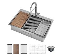 GarveeHome Quality Drop-in Stainless Steel Kitchen Basin, 33x22x9 Inch Single Bowl Workstation - Pull-Down 304 Spring Faucet - 5-Piece Set, Topmount, Drain Assembly - Sound Dampening