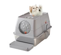 GarveeHome Stainless Steel Cat Litter Box with Lid, Large Enclosed Metal Cat Litter Tray with Scoop & Steps, Easy Clean, Non-Sticky, Non-Odor, 60x40x39Cm