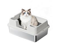 GarveeHome Stainless Steel Cat Litter Tray Semi-Enclosed, Extra Large Metal Cat Litter Box with Scoop for Big Cats, Detachable Steel Easy to Clean, Odour-Free, Anti-Urine Leakage, 50×35×22cm, White
