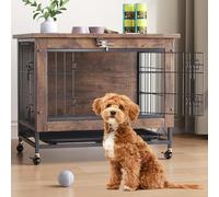 GarveeHome Wooden Dog Cage Furniture, Simple Dog Box with 2 Doors, Pet Cage with Wheels, UNH Extendable Tray, Easy to Clean, Bite-Resistant, Indoor Dog Box for Dogs, 67 x 50 x 65 cm