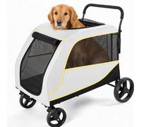 GarveeLife 2-in-1 Dog Pushchair, Foldable for Large and Medium Dogs and Cats, Pet Buggy, Foldable with Mesh Windows, Drink Holder, Adjustable Handle and 360° Wheels, Up to 50 kg (White)