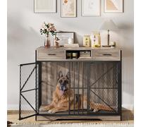 GarveeLife 44 Inch Dog Crate Furniture with Drawers, Wooden Dog Cage with Open Compartment & Double Doors, Heavy Duty Indoor House End Table for Small Medium Large Breeds, Vintage Brown & Black