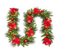 GarveeLife Artificial Christmas Garland with 70 Warm White LEDs, Red Flowers & Balls, Battery Operated, Festive Indoor/Outdoor Decoration for Mantle, Stairs, Fireplace, 9FT Pine Needle